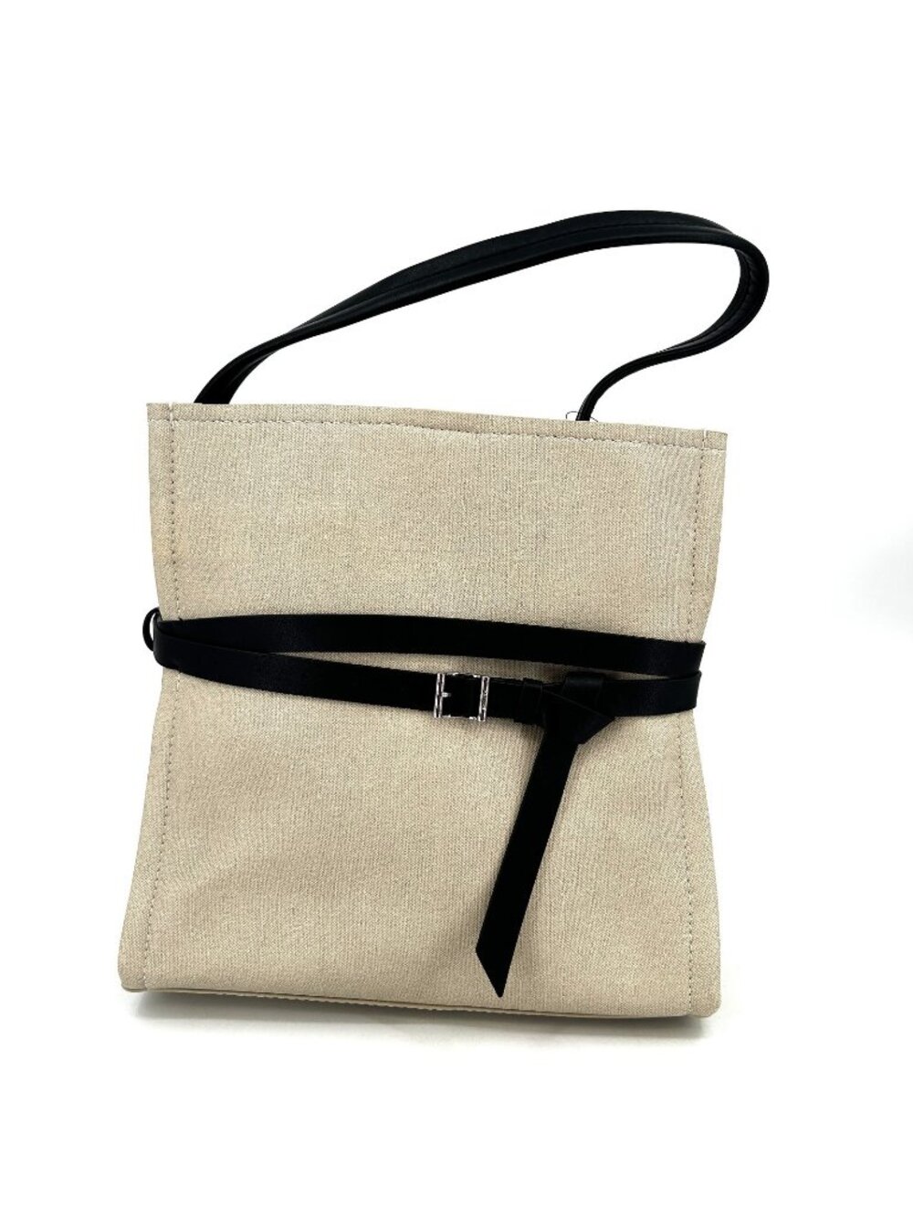 DKNY Birdie Bucket Bag Beige Fabric Black Strap Buckle Logo Lined Zip Pocket